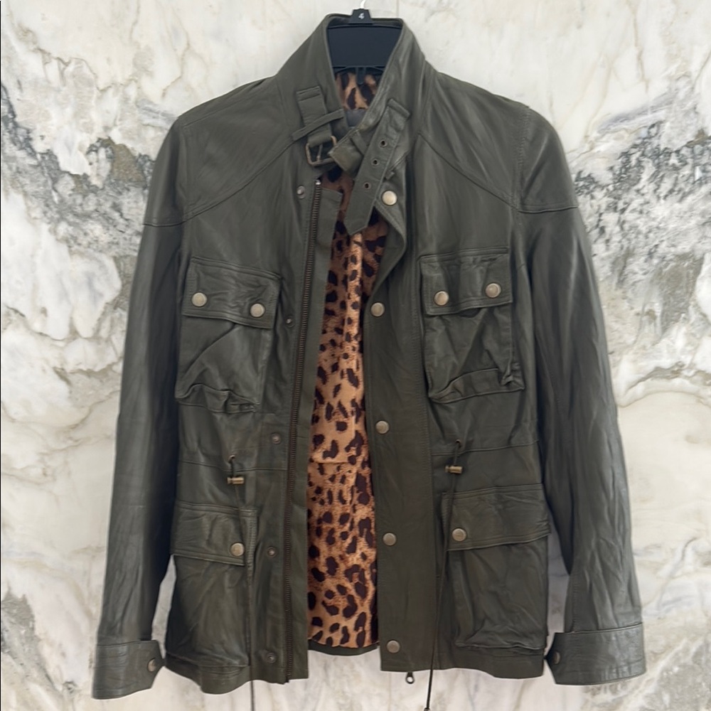 Leather utility jacket w/ Animal Print Lining